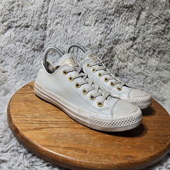 Converse All Star Leather Ox Shoes Womens Size 7 Gold Gray Pure Platinum Sneaker - Picture 1 of 10